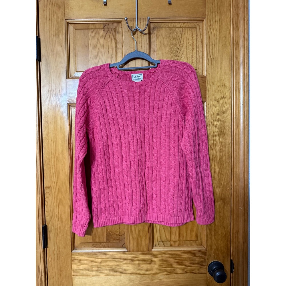 L.L.Bean Women's Cable Knit Cotton Sweater Pink Size Large Heavyweight Cozy